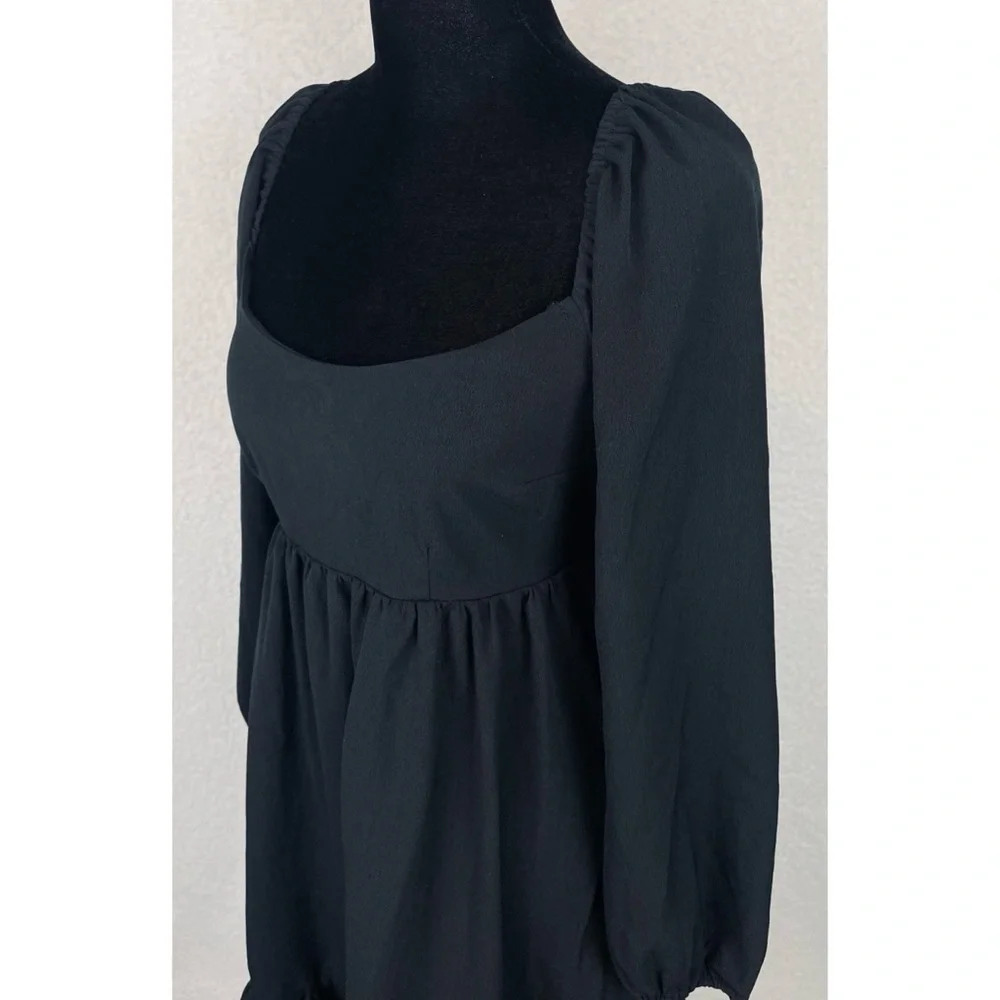 ABERCROMBIE & FITCH • Black Ruffle-Trim Long Sleeve Babydoll Mini Dress, SP - Picture 6 of 16